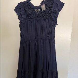 mine Navy Crochet Yoke Ruffle Sleeve Dress
